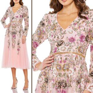 NEW Mac Duggal 5594 Size 22 Rose Pink Floral Beaded Sequin Midi Gown Party Dress